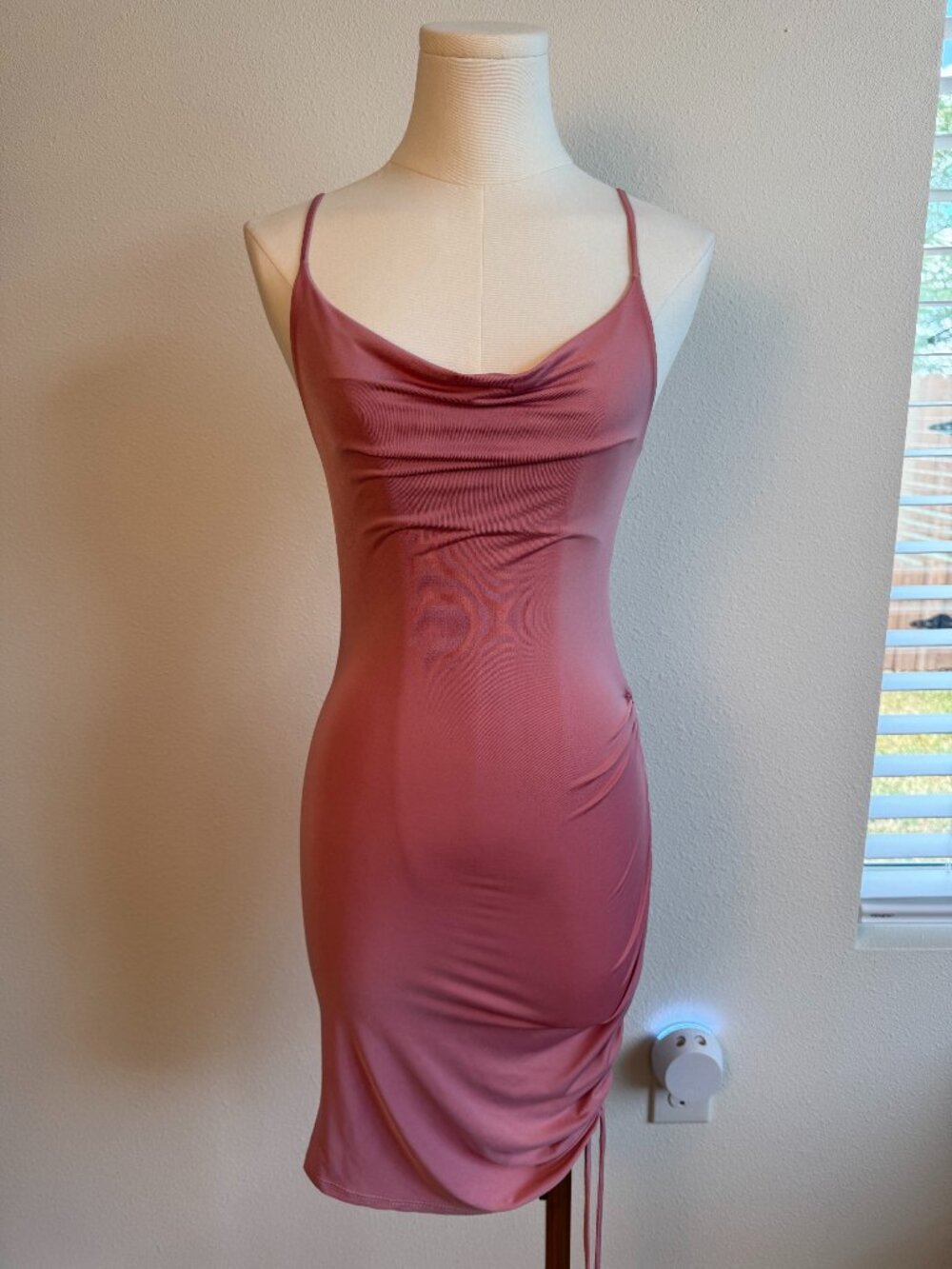 Charlotte Russe Mauve Pink Cowl Neck Ruched Side Tie Mini Dress